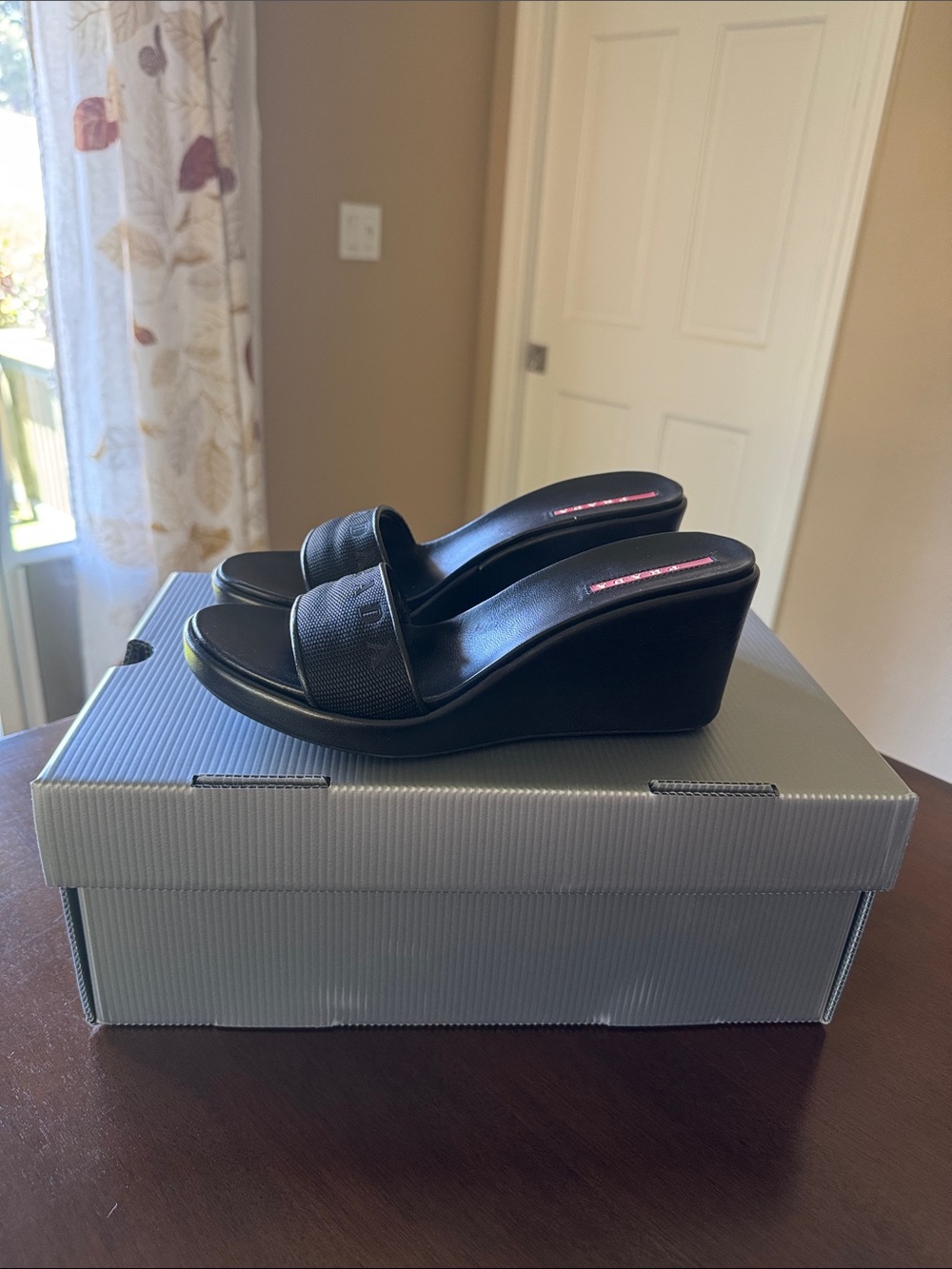 NEW AUTHENTIC PRADA BLACK SLIDE WEDGE HEELS WITH BOX SIZE 6 36